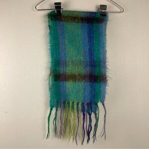 VTG Mohair Plaid Scarf 9x61" Blue Green Classic Preppy Timeless Academia
